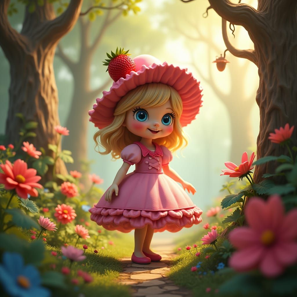 Strawberry Shortcake in Enchanted Forest, Fantasy Art