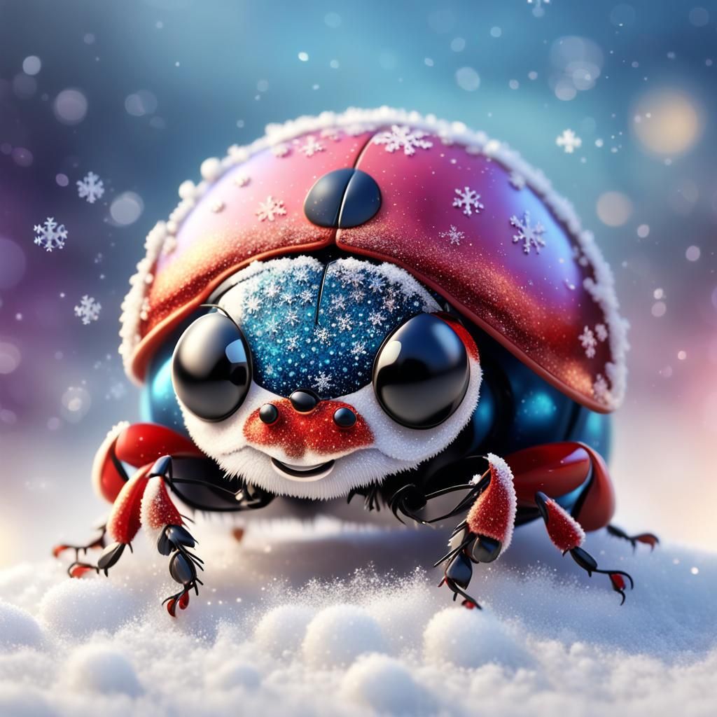 Festive Ladybug in Winter Wonderland: Hyperrealistic Art