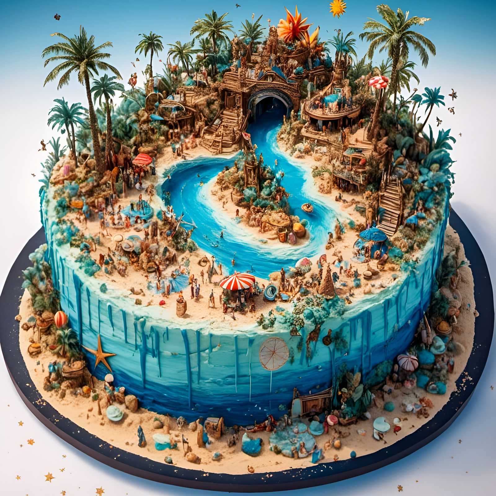 Hyperrealistic Beach Fireworks Cake in 3D