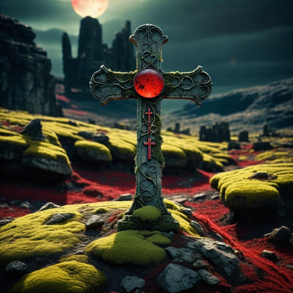 Medieval Cross on Alien Planet in Baroque Sci-Fi