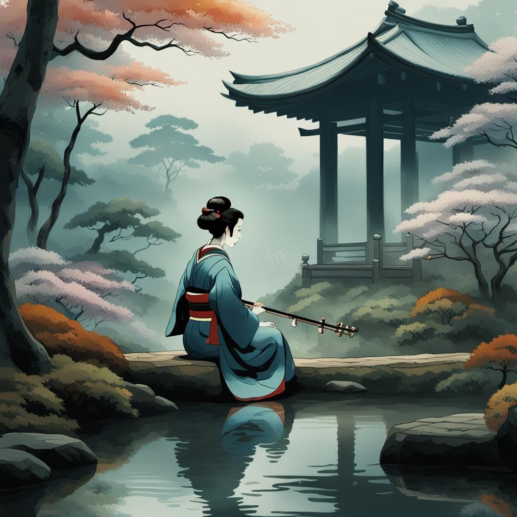 Elegant Geisha with Shamisen in Ukiyo-e Style
