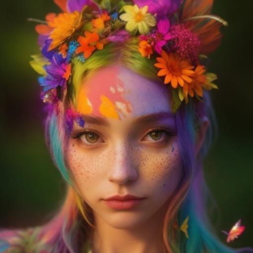Enchanting Woman with Flowers and Butterflies at Sunset