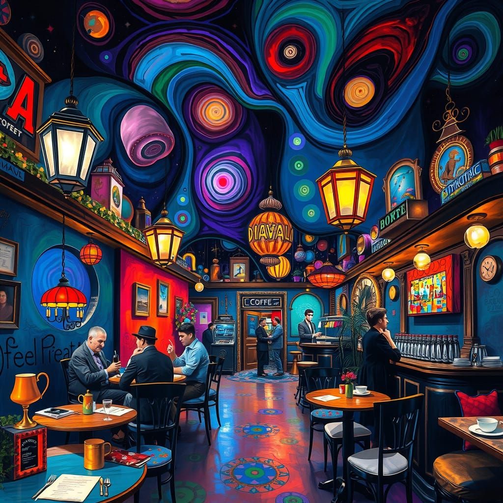 Dreamlike Nighttime Coffee Shop Scene in Vibrant Colors