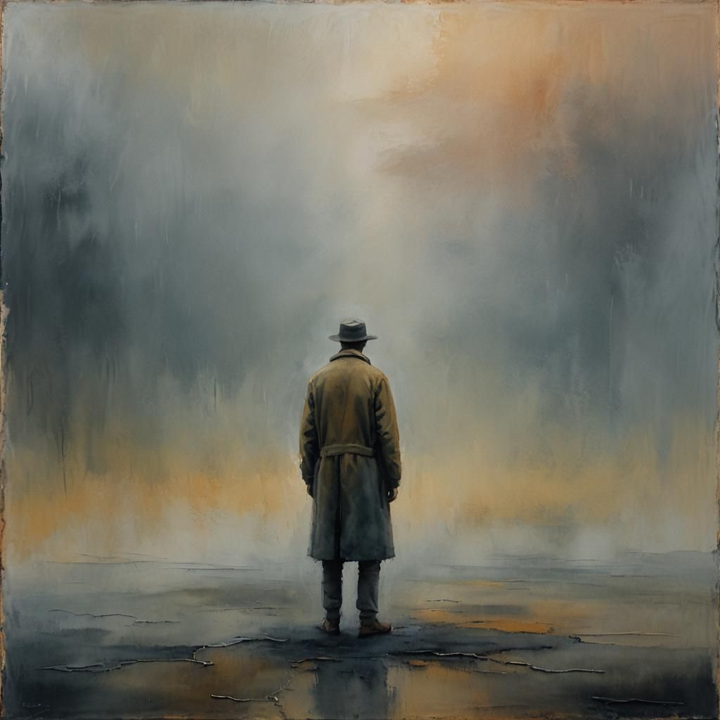 Abstract Expressionism Figure in Foggy Landscape