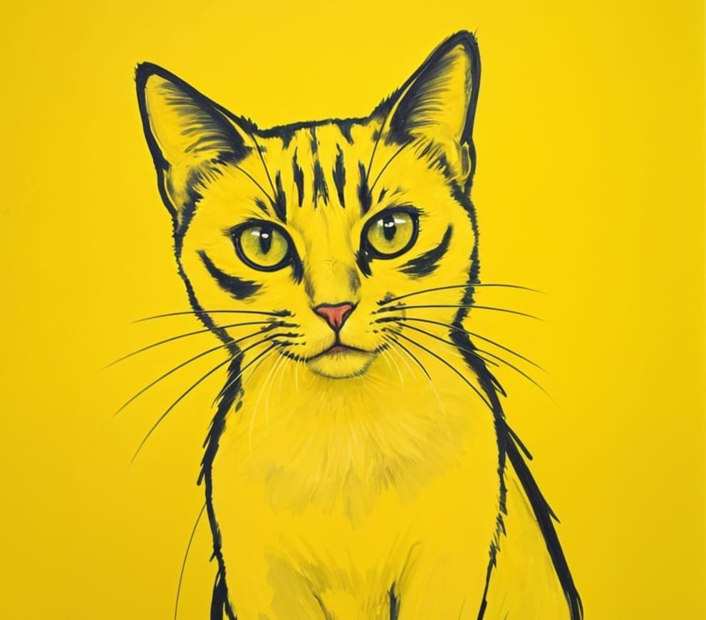 Black Cat Illustration on Yellow Canvas as Impasto Painting