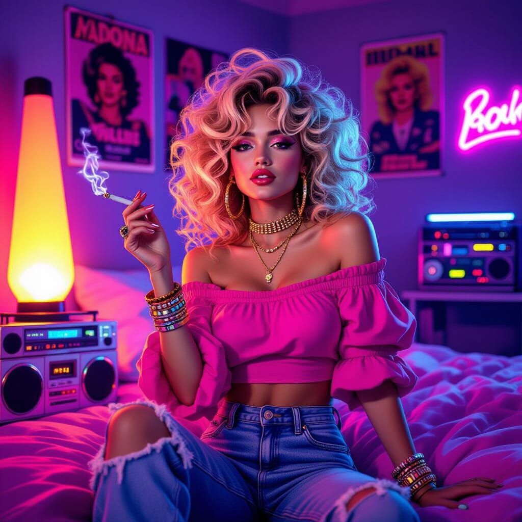 1985 Madonna-Inspired Girl in Neon 80s Bedroom