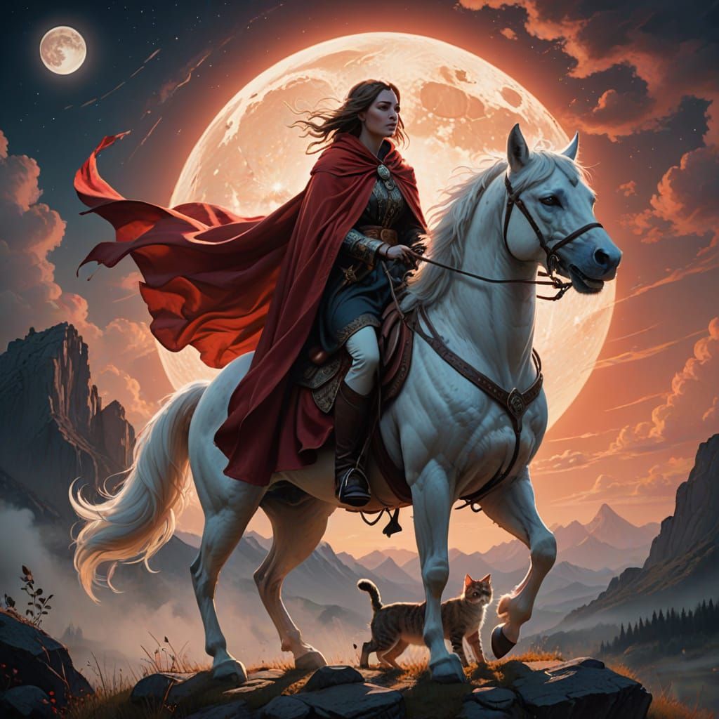 Fantasy Maiden Rides Mare with Cat and Wolf, Majestic Eagle