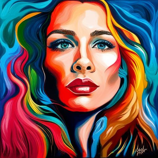 Female Portrait that portrays happiness, long flowing hair, Vibrant abstract colours, energetic portrait, palette knife,...