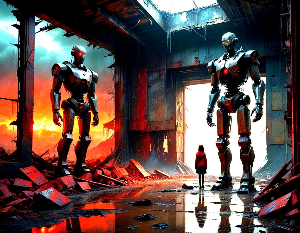 Robot, Boy, Girl Contemplate Past Amidst Ruined Future