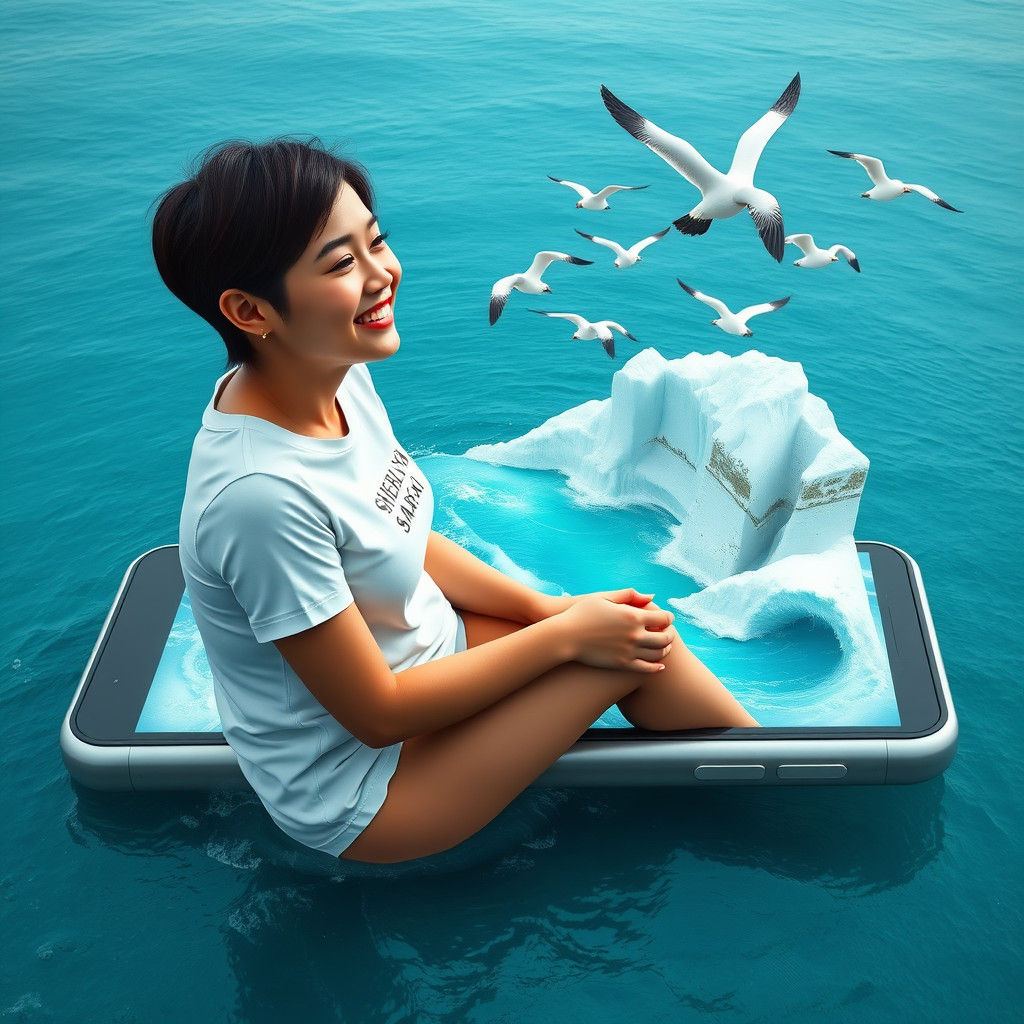 4D art of Indonesian women, undercut hair, wearing a t-shirt with the words "Sherlya sari", sitting on a large cellphone...