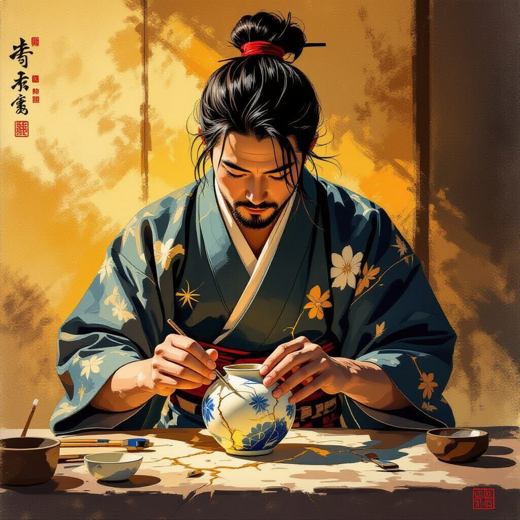 Kintsugi Master Artisan Repairs Ceramics