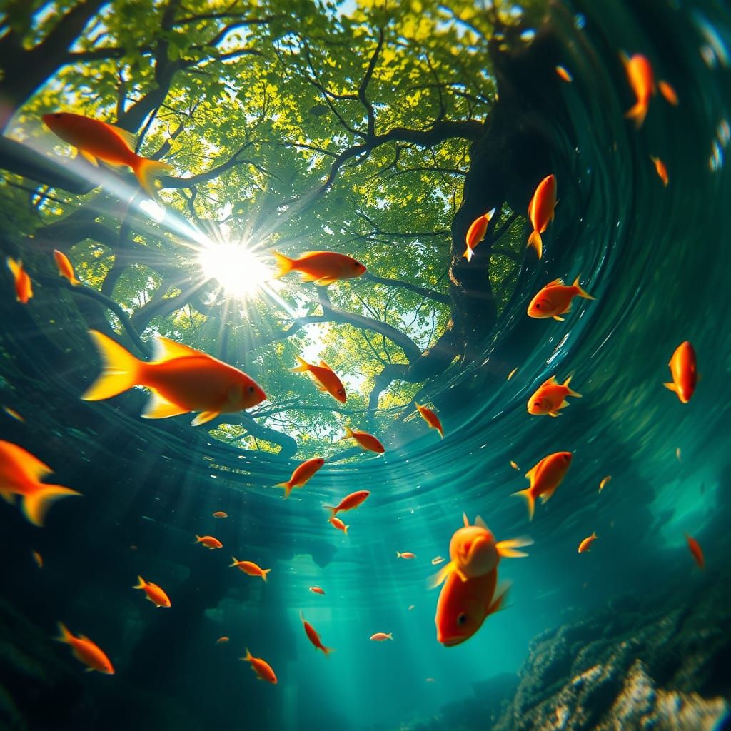 Underwater Paradise: Sunbeams and Multicolored Fish