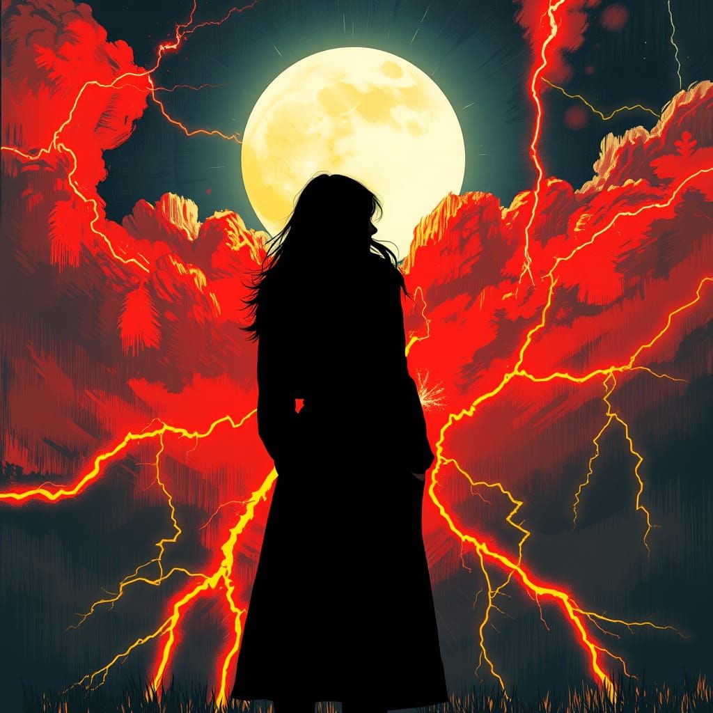 Mysterious Woman in a Stormy Night Sky
