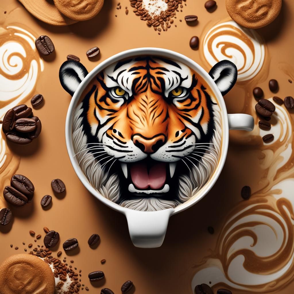 Tiger Face Latte Art in Coffee Mug