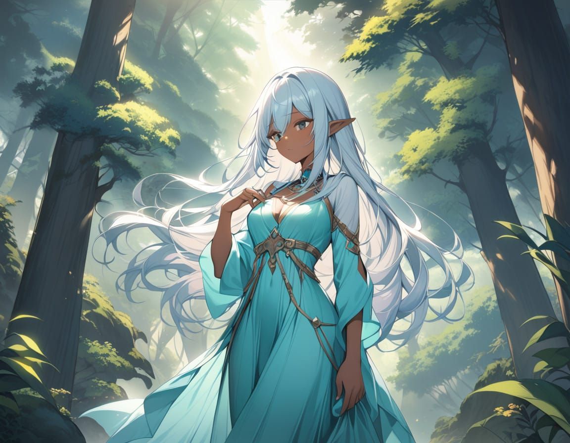 Ethereal Dark Elf Goddess in Lush Forest Realm