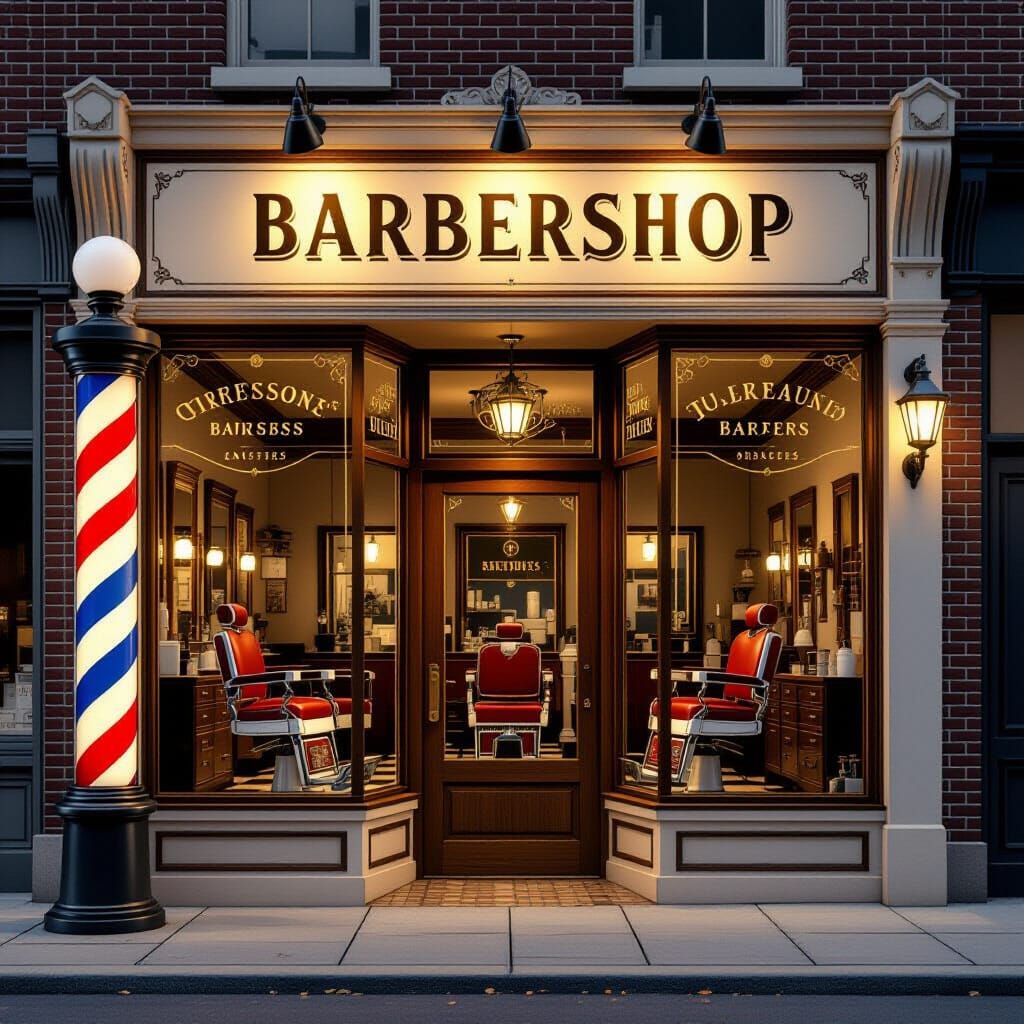 Vintage Barbershop Exterior with Classic Barber Pole