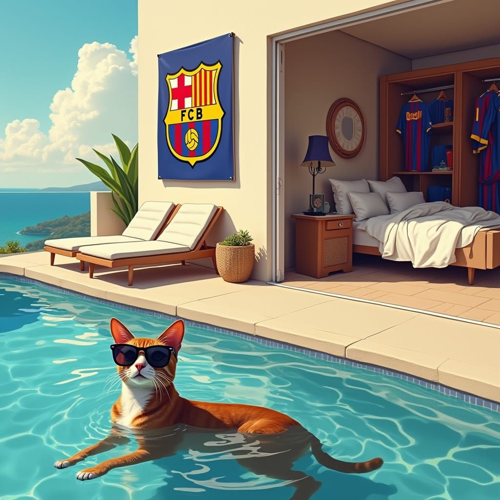 Cool Cat Soaks Up Sun by Poolside Oasis