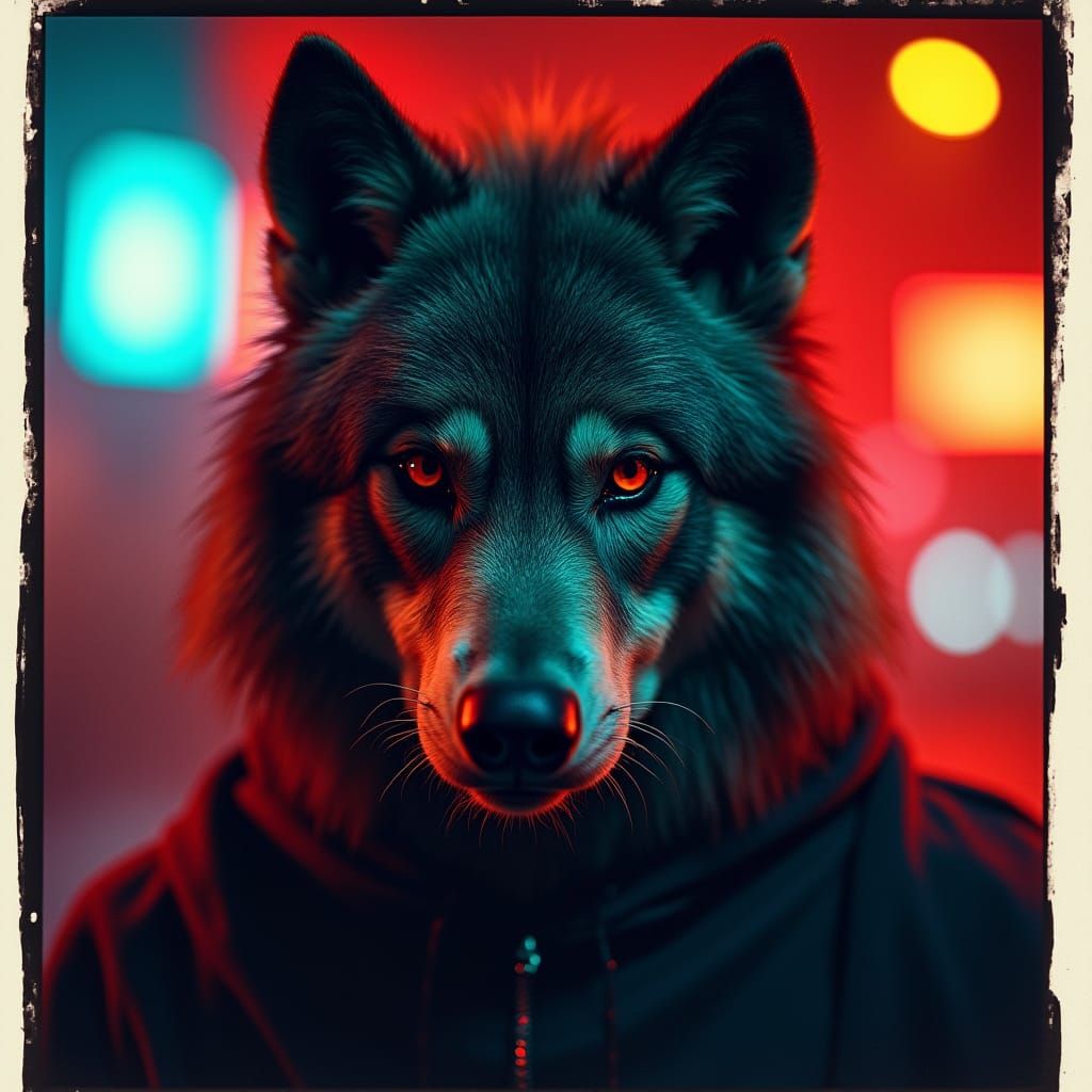 High-Fashion Werewolf Portrait in Polaroid Style