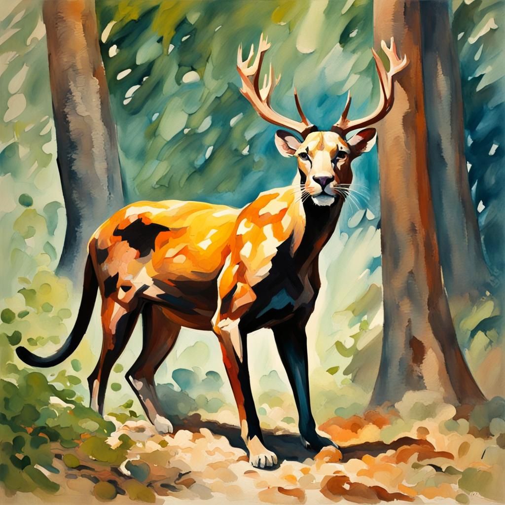 Panther Eating Deer in Gouache Style