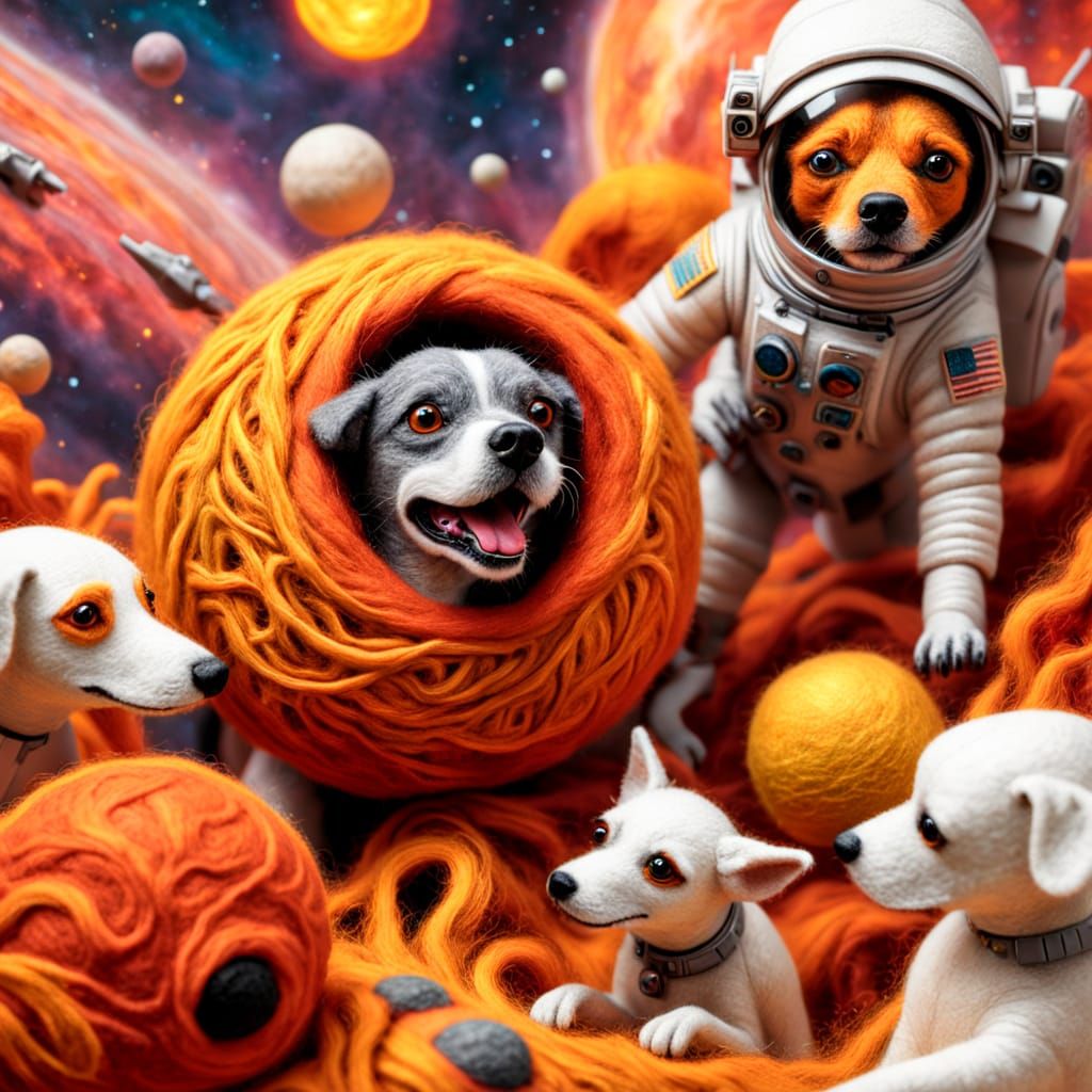 Surreal Felted Astronauts and Dog in Dreamlike Artwork