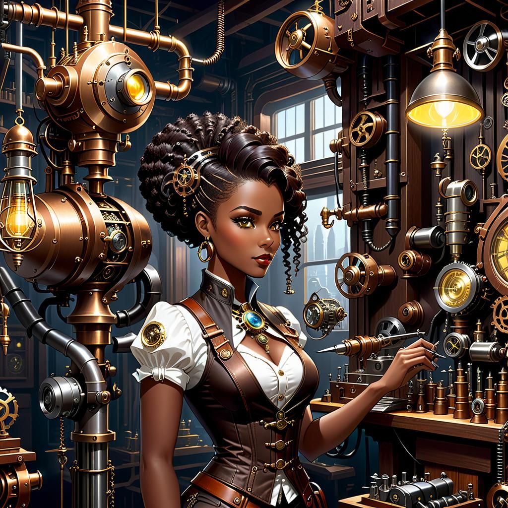Steampunk Inventor in Workshop: Storybook Illustration