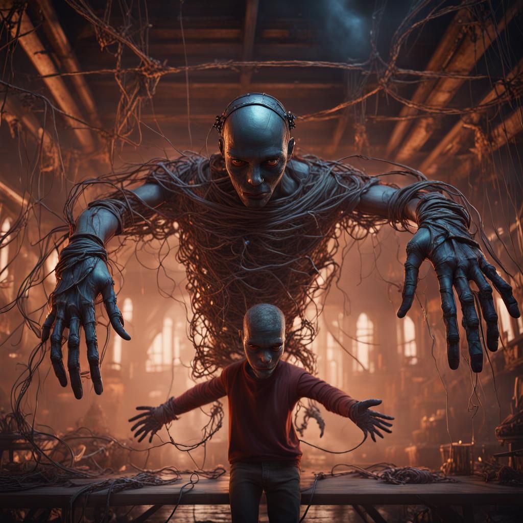 Human Marionette Controlled by Giant Hands