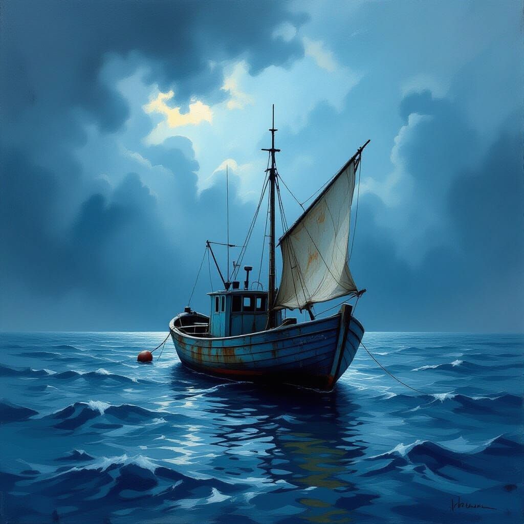 Weathered Fishing Boat on Moody Ocean in Folk Art Style