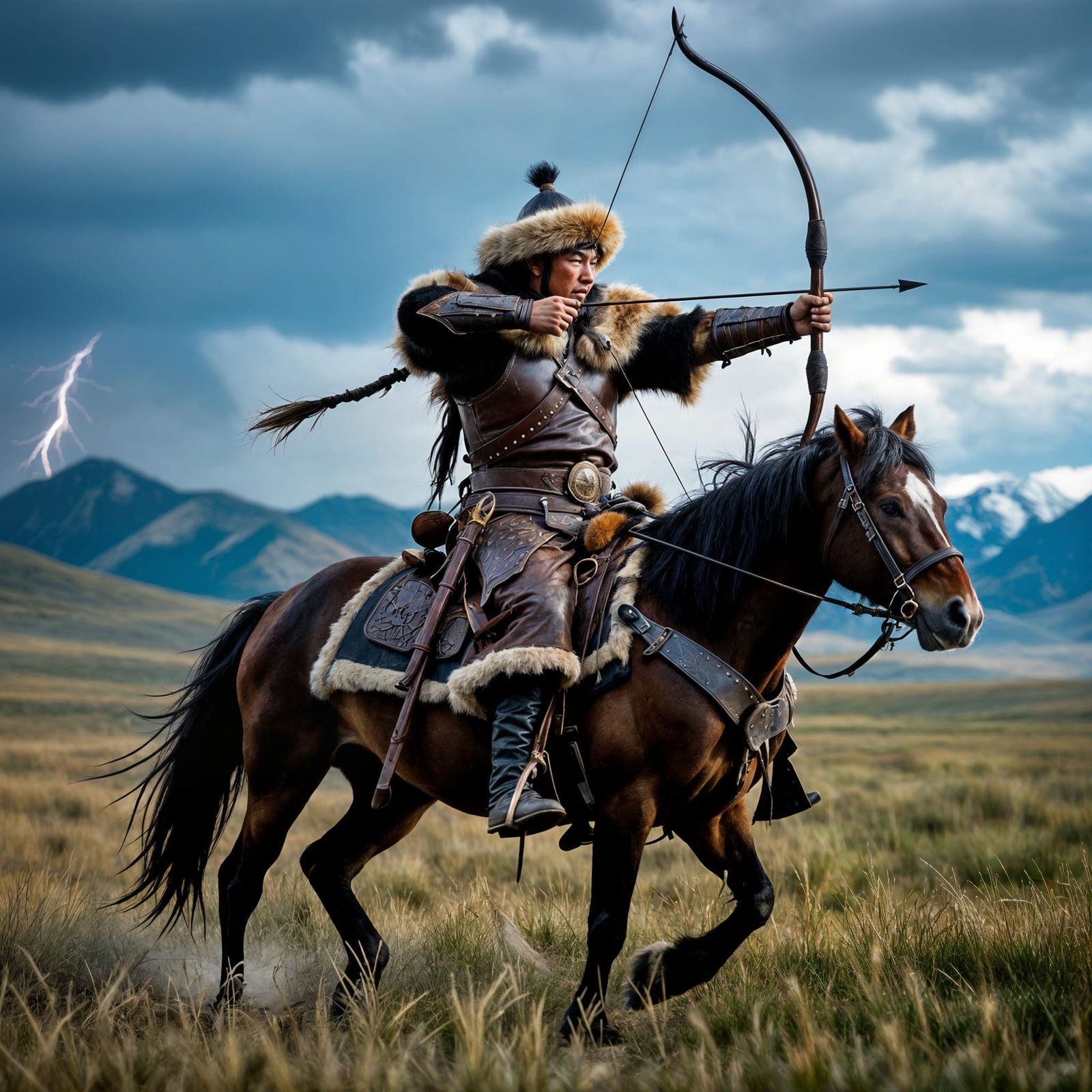 Mongolian Archer on Horseback in Steppe Landscape