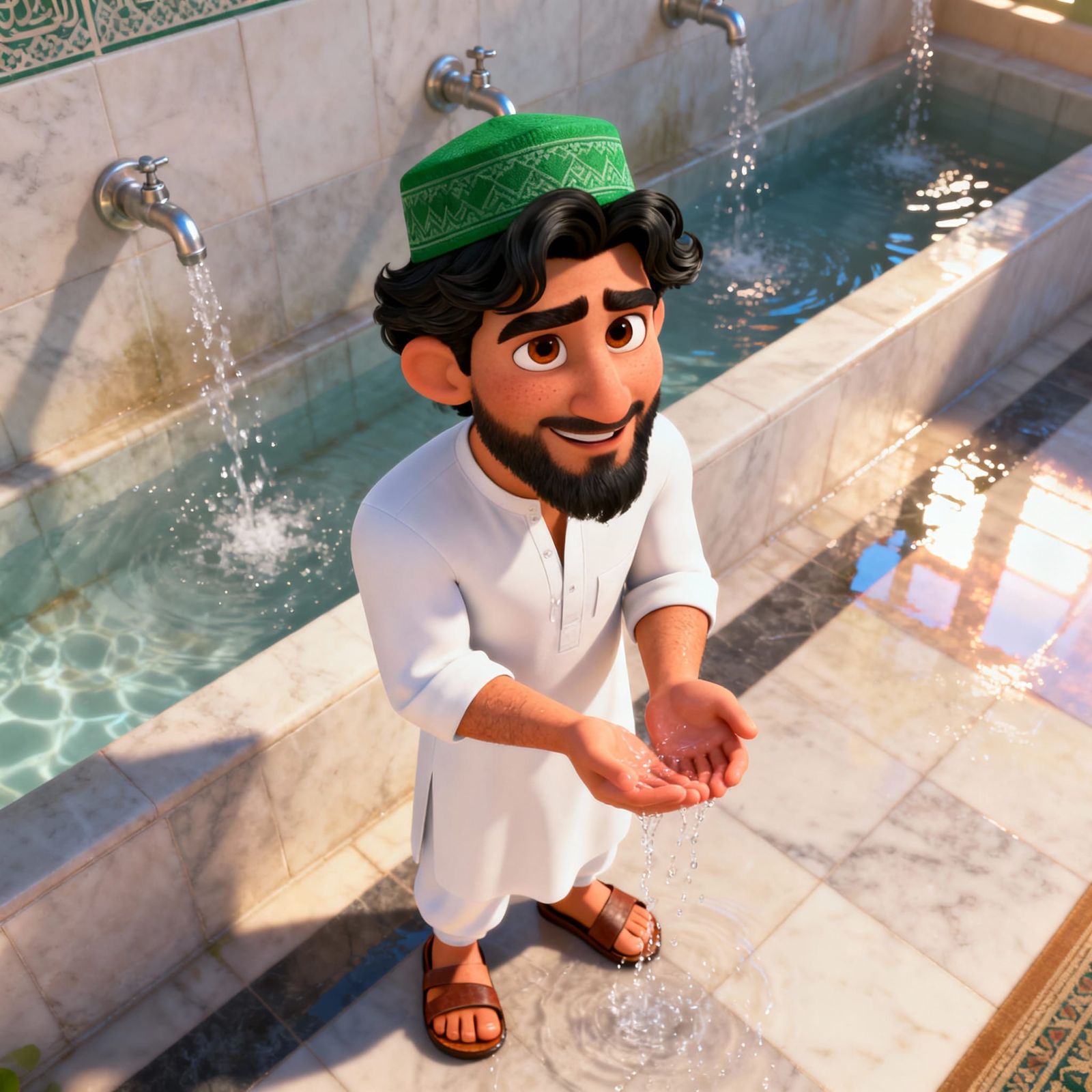 Humorous Pixar-Style Pathan Repeating Wudu