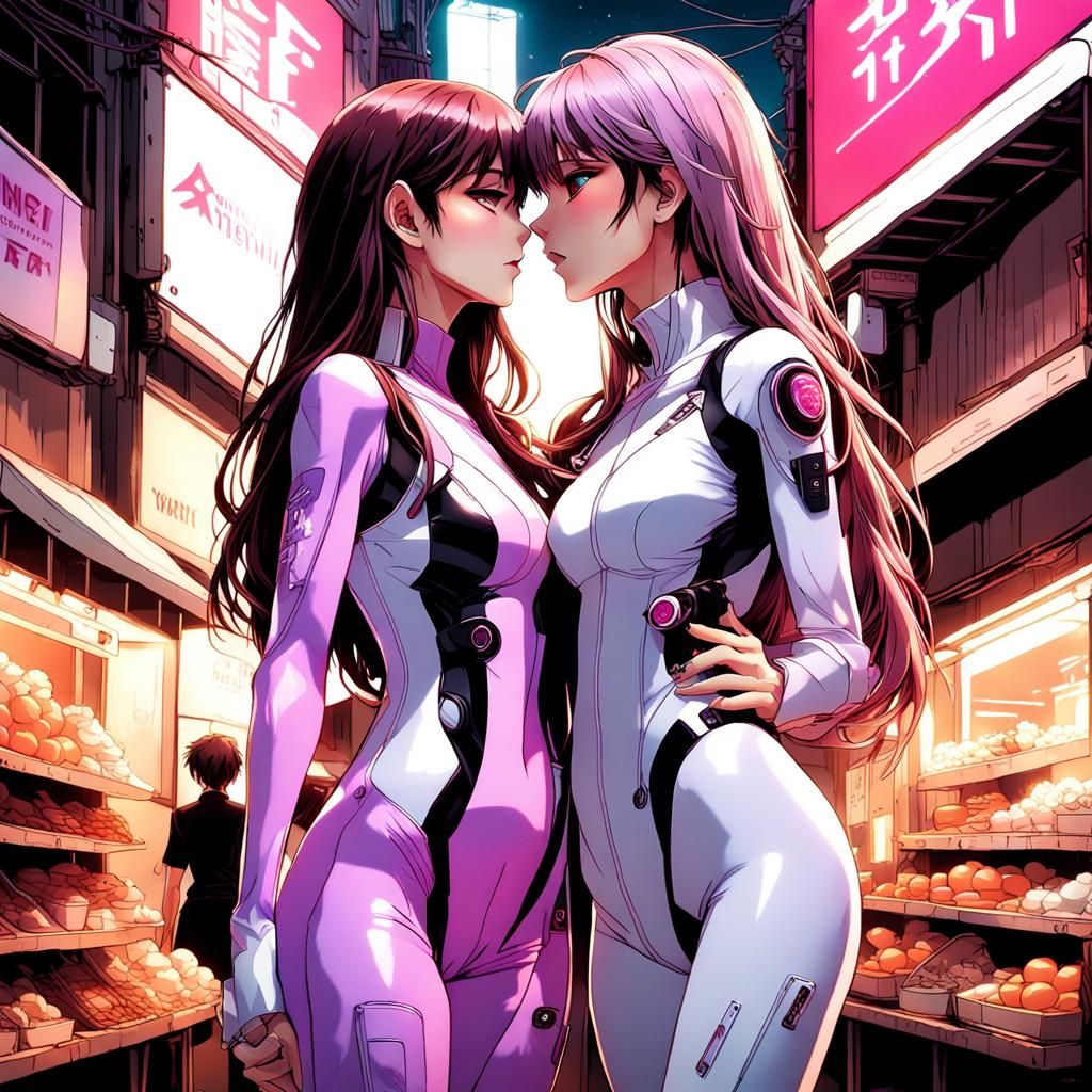 Cyberpunk Kiss: Anime Style Romance in Neon Market