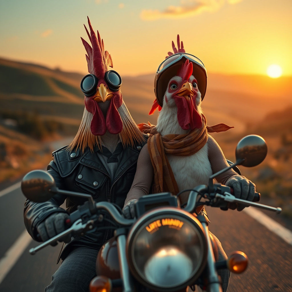 Anthropomorphic Rooster Couple Rides a Motorcycle