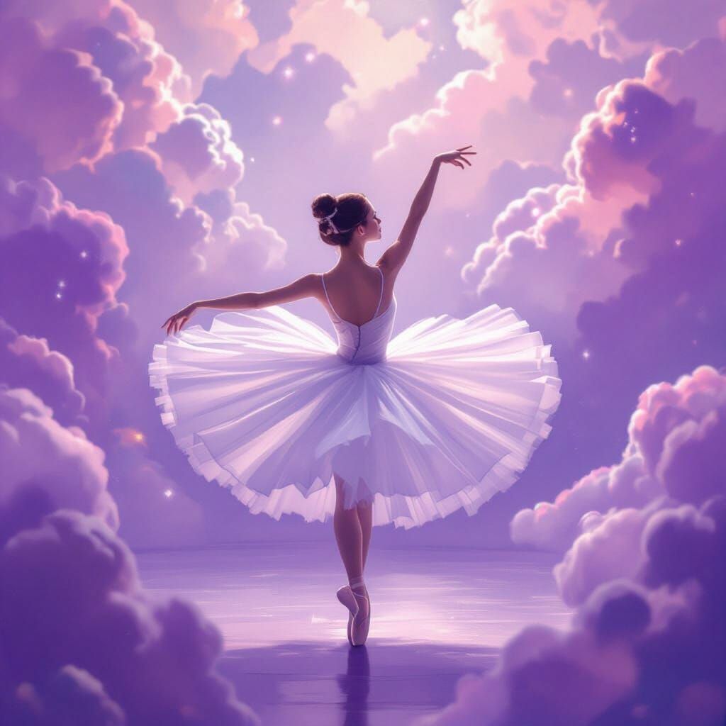 Ballerina's Ethereal Dance on Purple Clouds in Impressionist...