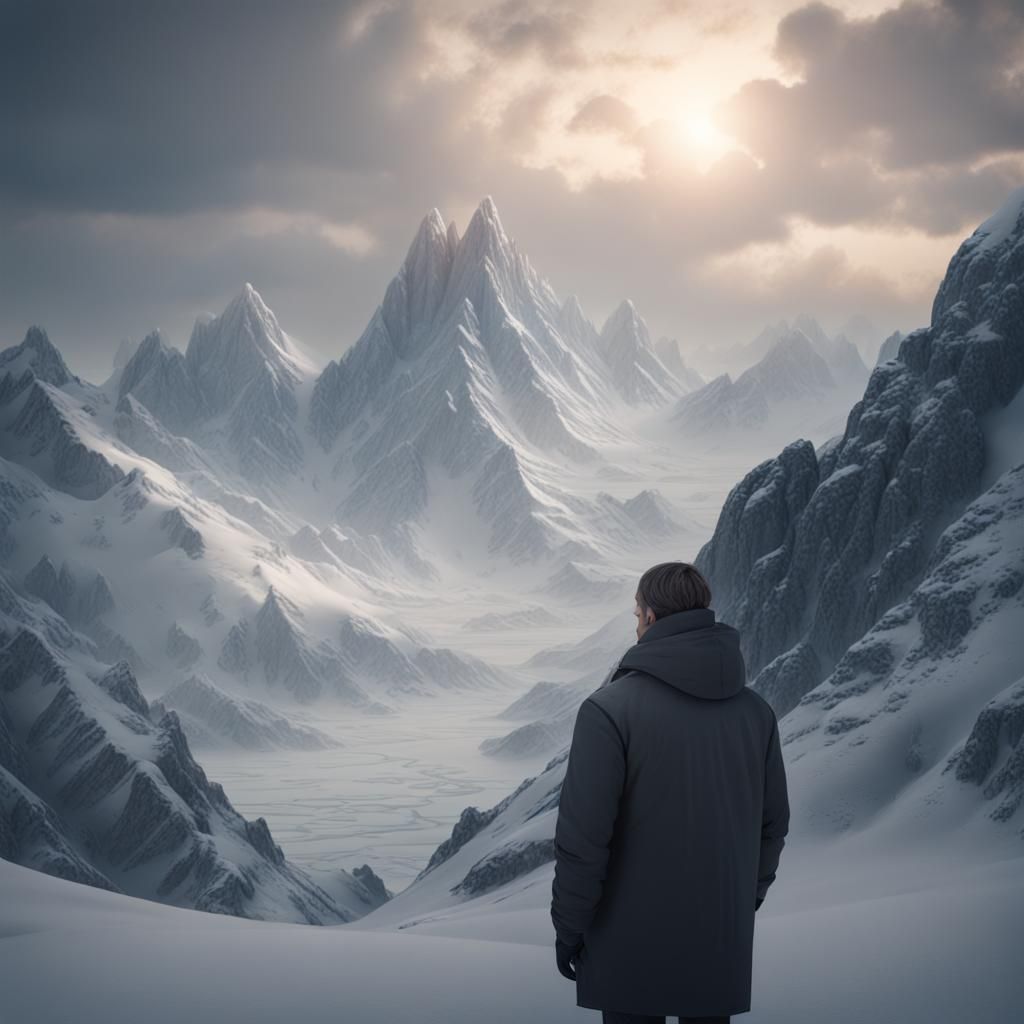 Contemplative Figure on Snowy Mountain: Digital Matte Painti...