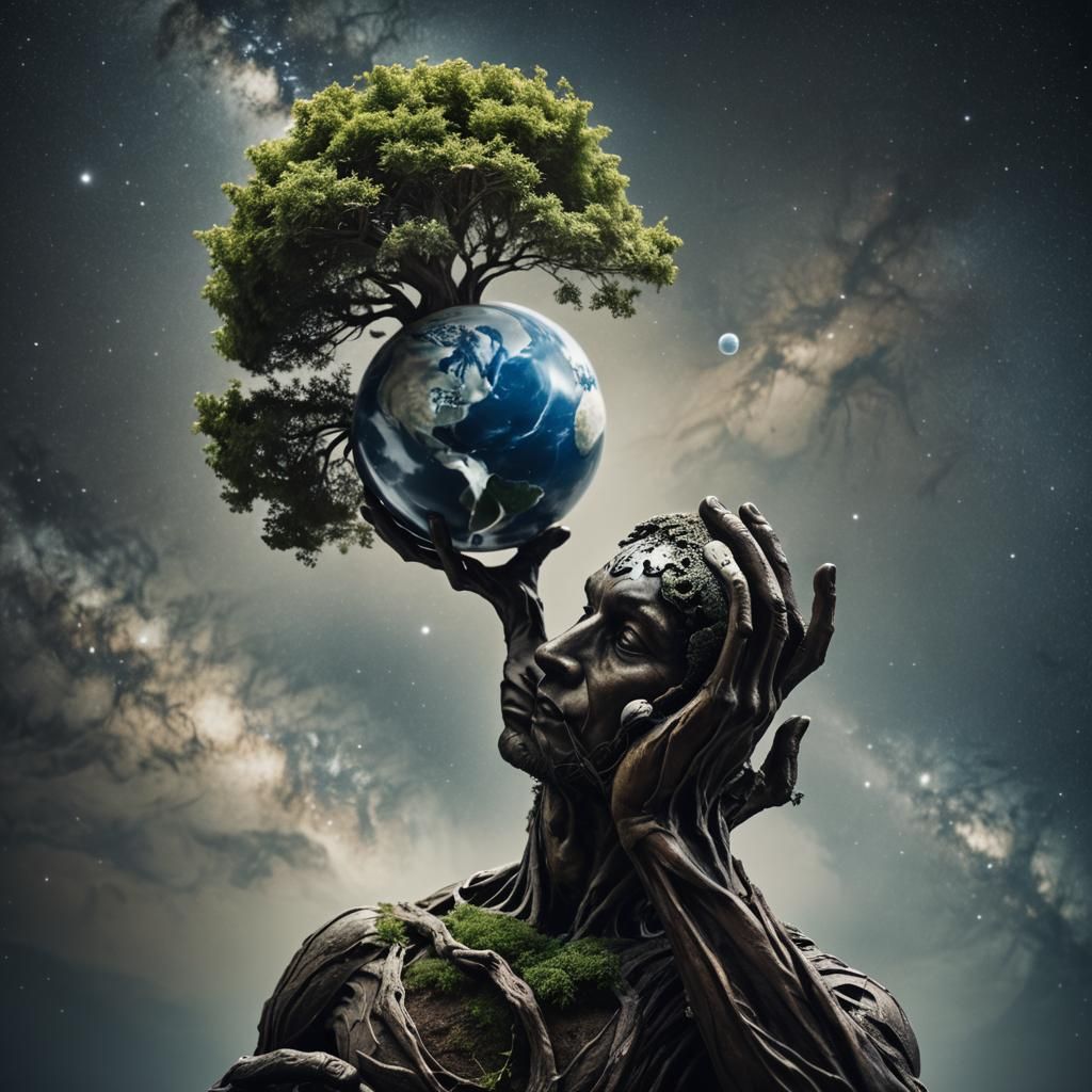 Cosmic Tree Statue Holding Earth Portrait