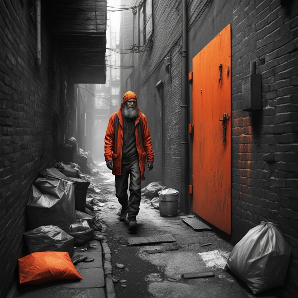 Homeless Man in Alley: Black, White, and Orange