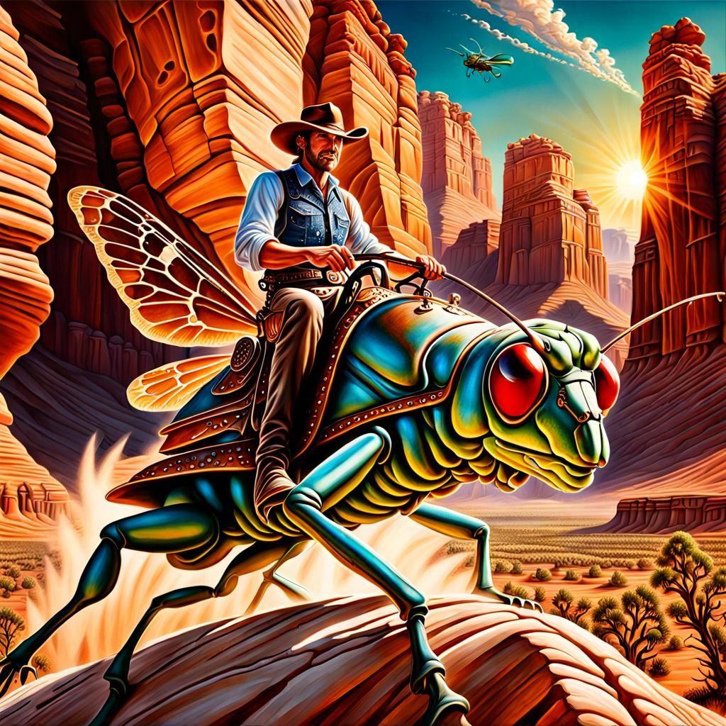 Cowboy Rides Flying Grasshopper in Surreal Midwest