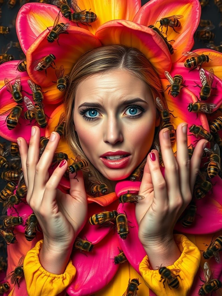 Woman Beset by Bees in Flower Costume