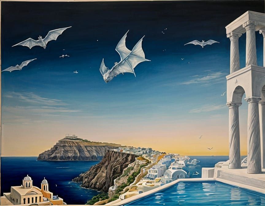 Surreal Santorini with Bats in Watercolor Style