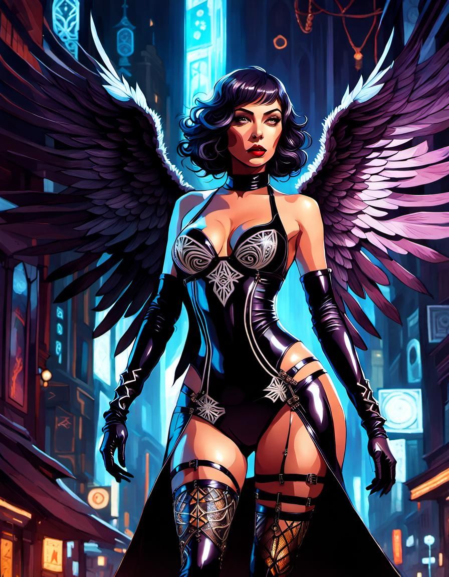 Beautiful Dark Angel in Latex, Digital Art