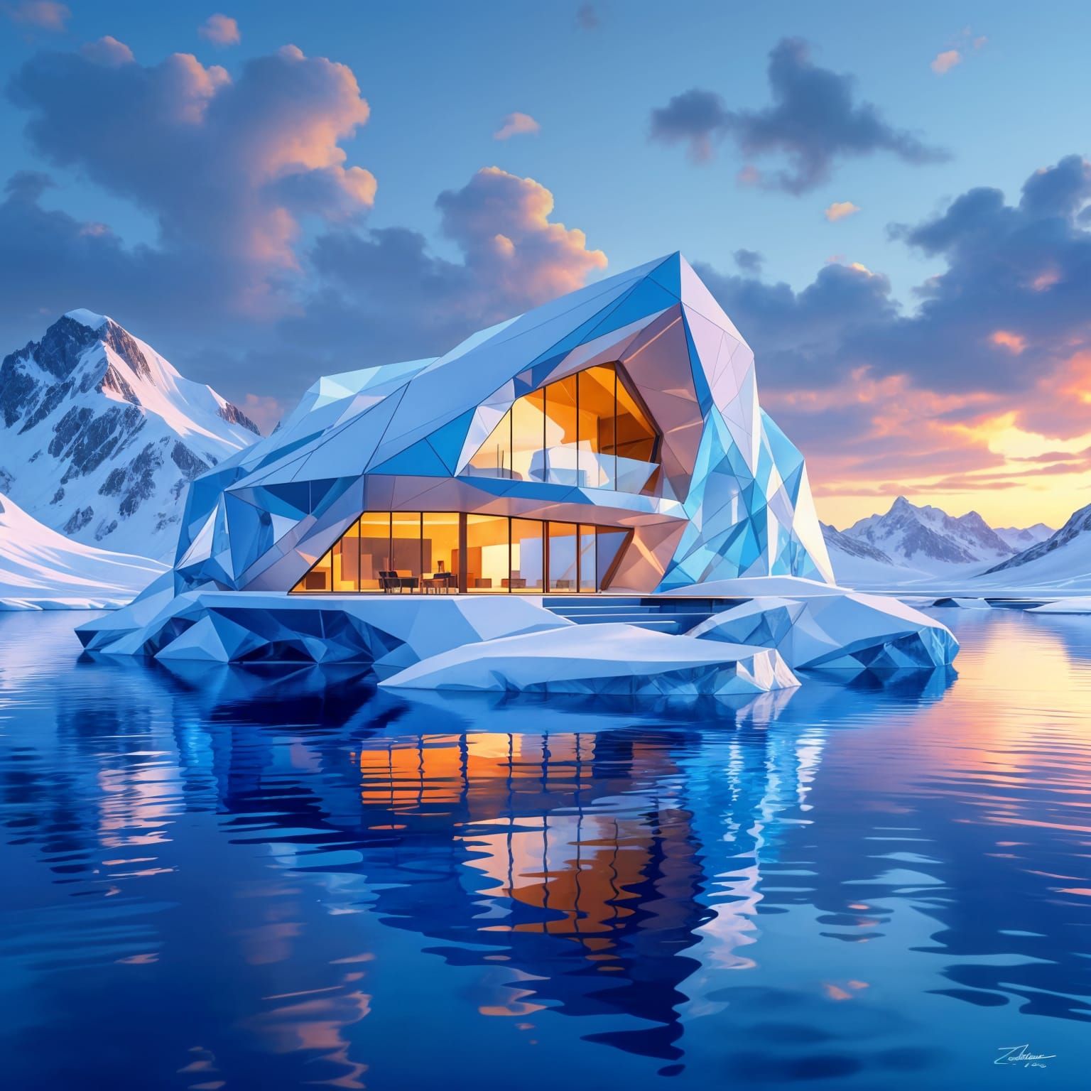 Glass Diamond Villa on Iceberg, Detailed Oil Painting