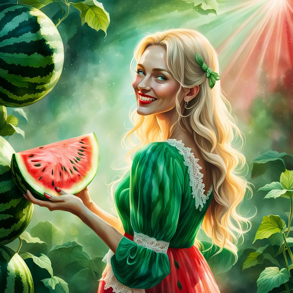 Blonde Woman with Watermelon Portrait in Dreamlike Fantasy S...