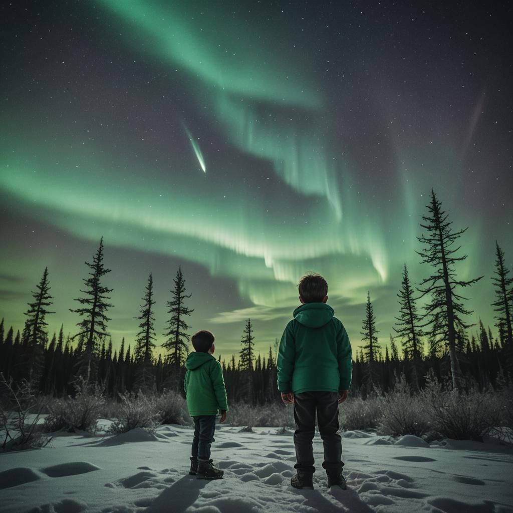 Full Moon and Aurora Borealis with Child