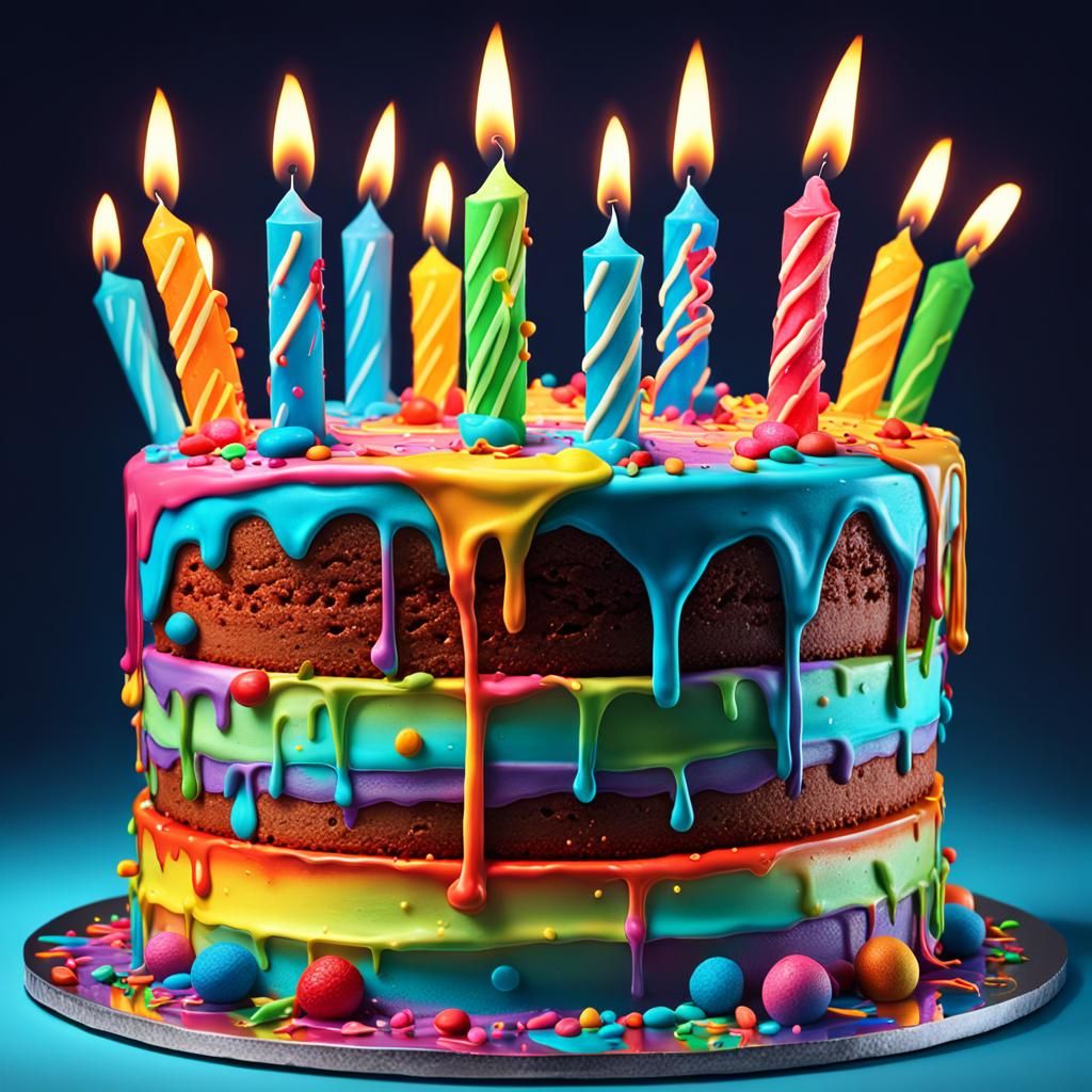 Hilarious Neon Birthday Cake in Hyperrealistic Splash Art