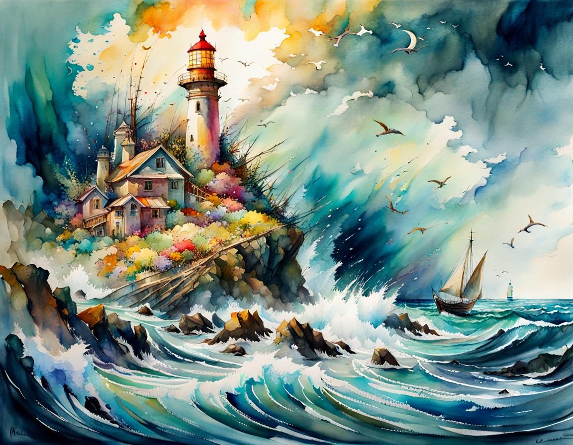 Epic Watercolor Lighthouse Oceanscape in Gouache Style