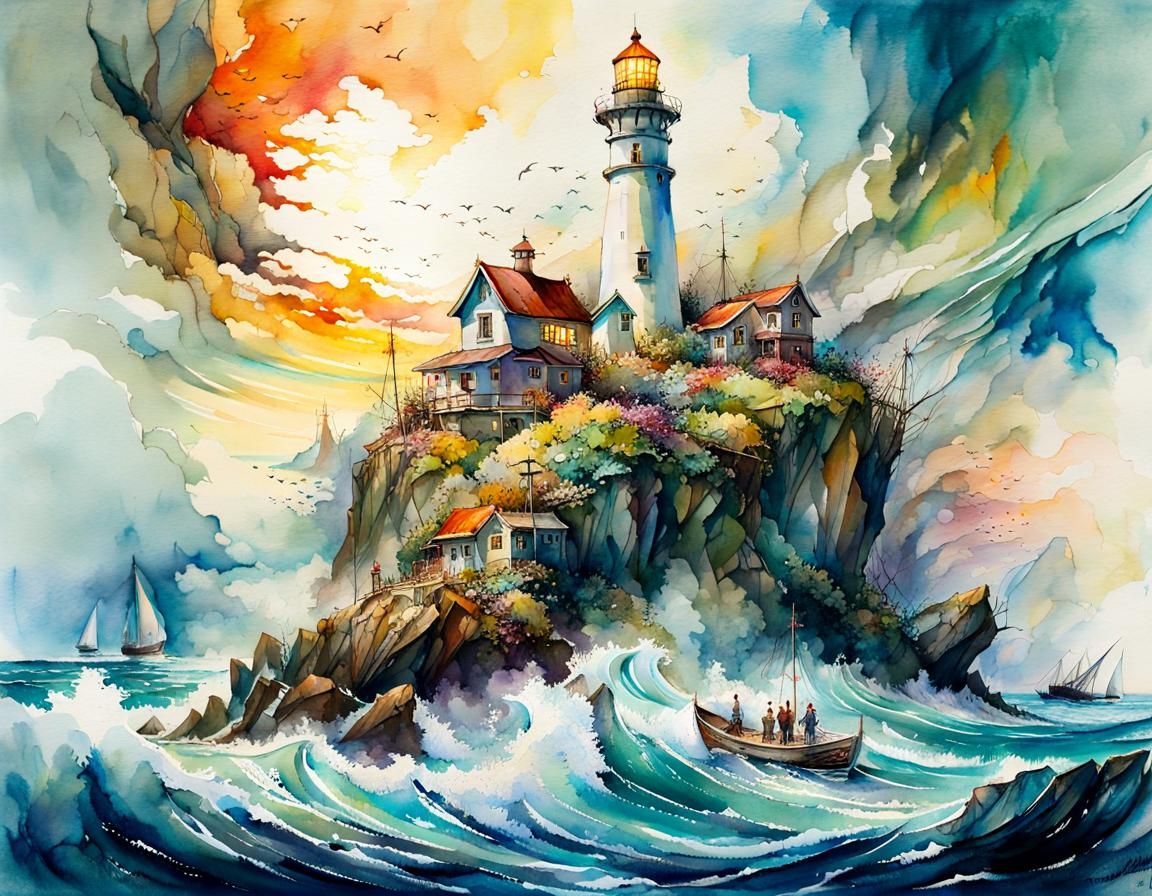 Epic Watercolor Lighthouse Oceanscape in Gouache Style