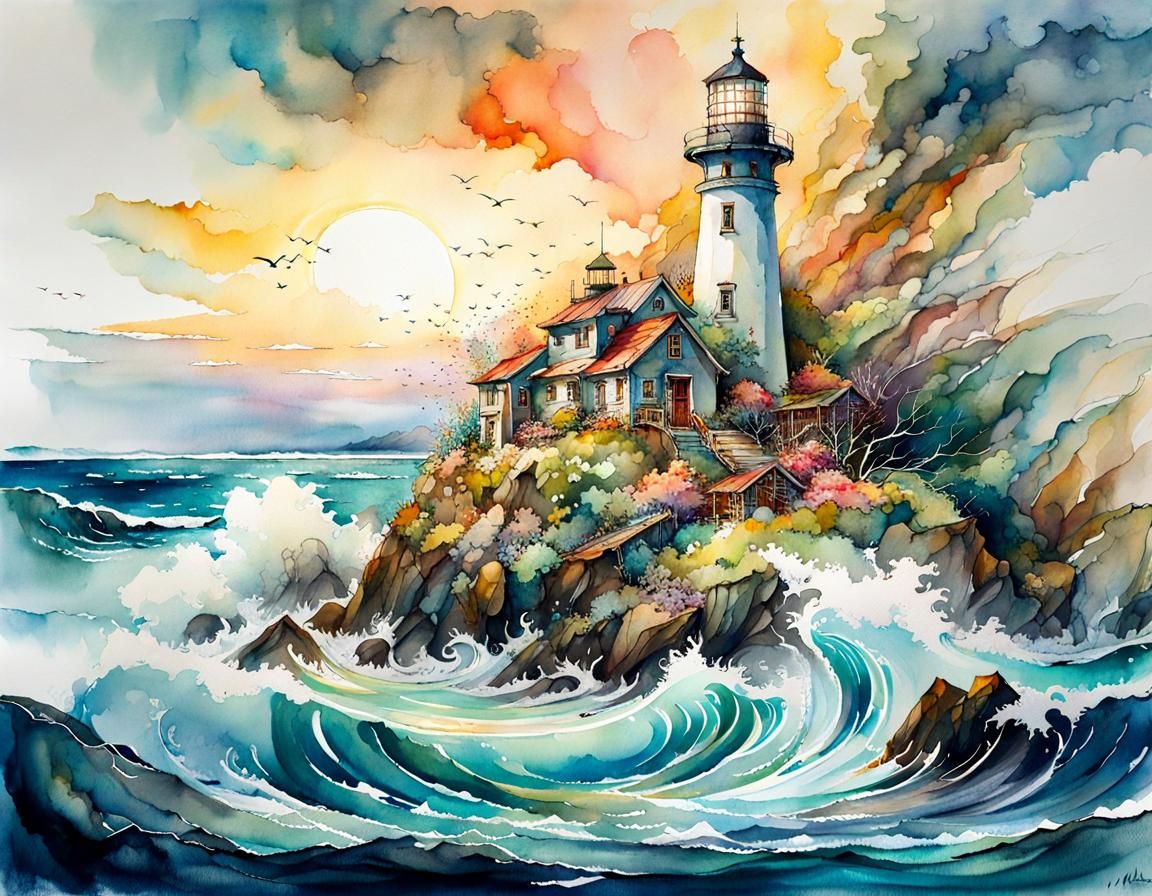 Ethereal Lighthouse Amidst Turbulent Waters in Vibrant Water...