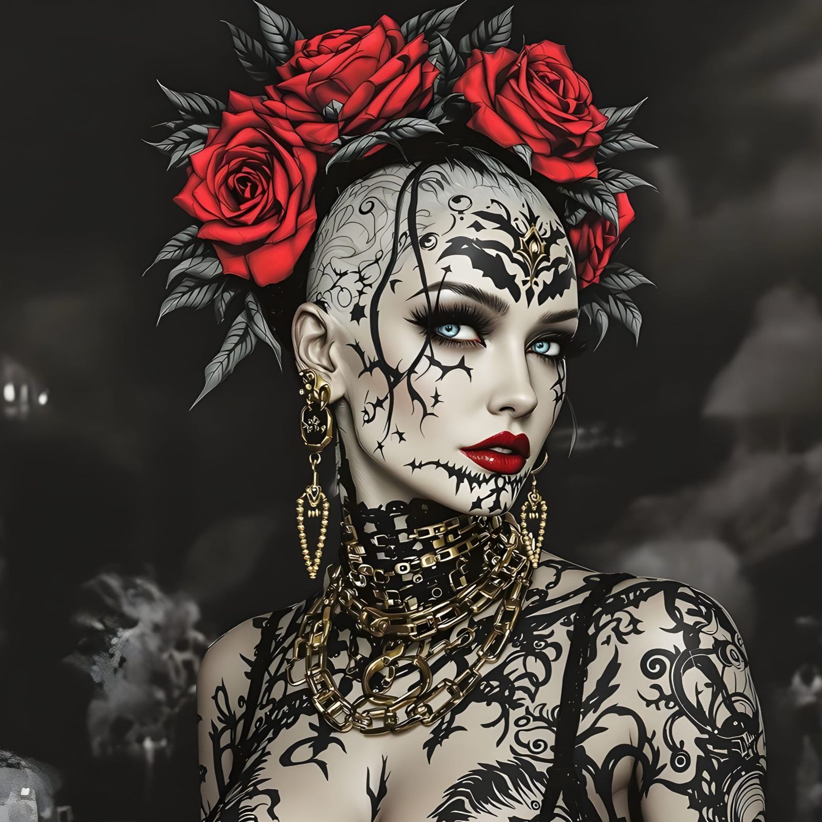 Cyborg Woman with Dinosaur Tattoos, Hyperrealistic Charcoal ...