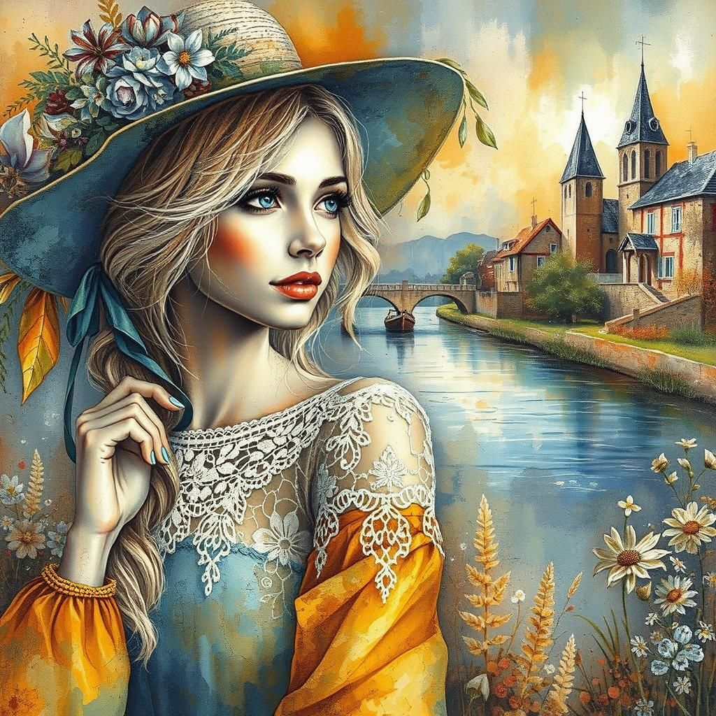 a stunning blond  hair, yellow+blue clothes, boho styles, lace,  village, river, Flowers,brick wall,  chromatic mix of t...