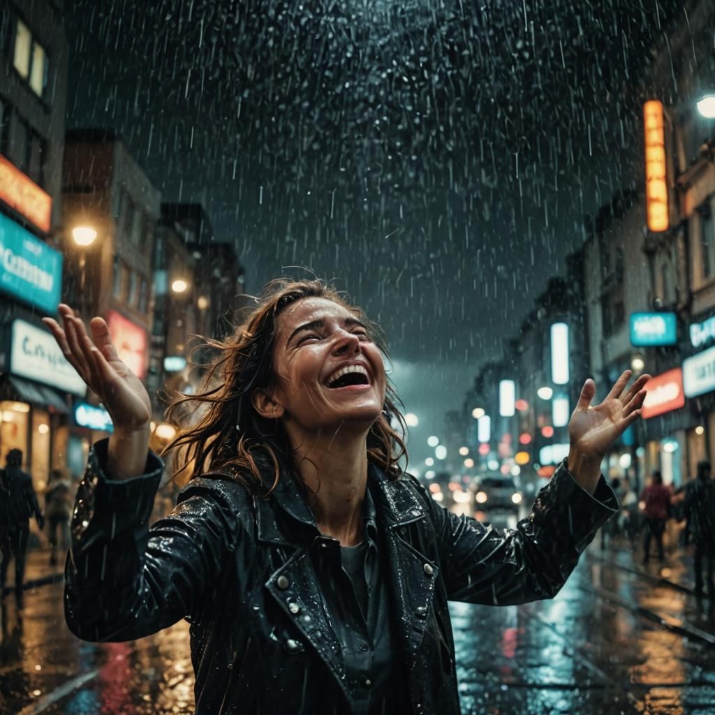 Joyful CGI Girl Laughing in the Rain