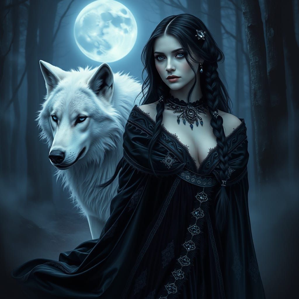 Mystical Gothic Woman and Wolf in Moonlit Forest